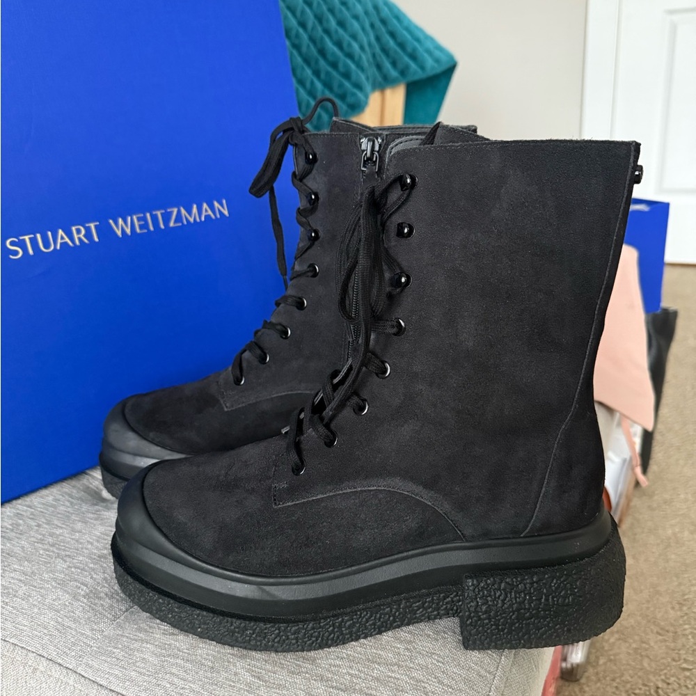 Stuart Weitzman Black Charli Suede Combat Lace-up Sportlift Boots - Picture 4 of 17